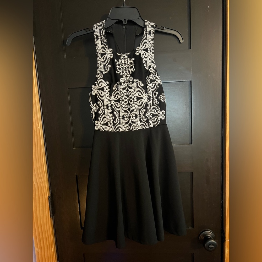 Black with white pattern homecoming dress with slits on both sides